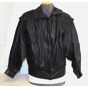 1980s Giorgio Comint Black Leather Sz Med Jacket Shoulder Flaps Wood Grain